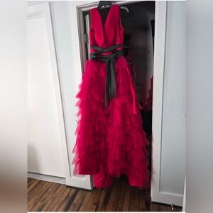 Absolutely STUNNING Red with Black Tulle Formal Prom Long Dress - large